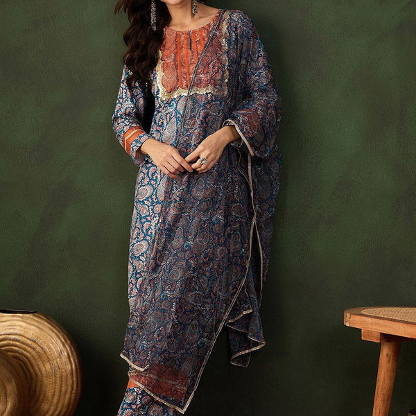 Sangria Printed Kurta & Palazzo With Dupatta - Distacart