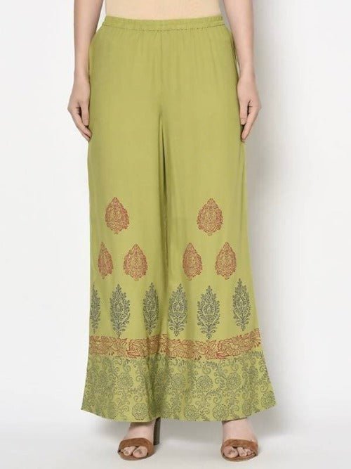 Aniyah Rayon Parrot Green Color Block Print Flared Slip-On Palazzo (AN-196K)