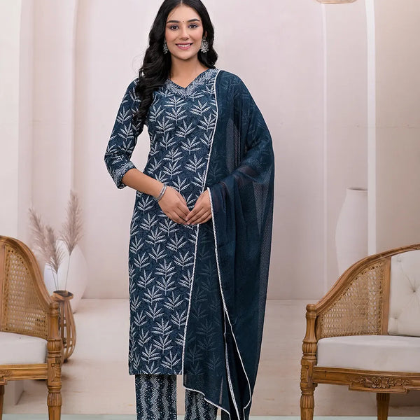 Yufta Teal Blue Embroidered Pure Cotton Straight Kurta Dupatta Set - Distacart