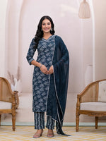 Thumbnail for Yufta Teal Blue Embroidered Pure Cotton Straight Kurta Dupatta Set