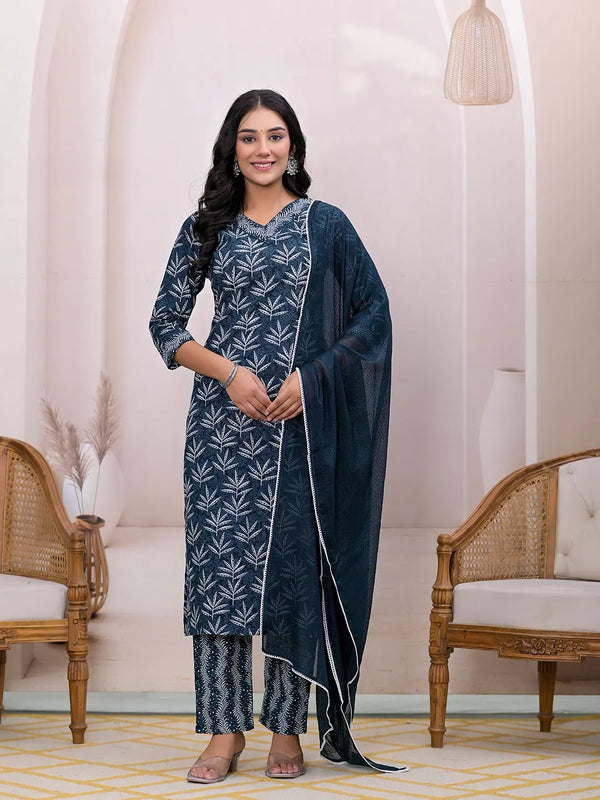 Yufta Teal Blue Embroidered Pure Cotton Straight Kurta Dupatta Set