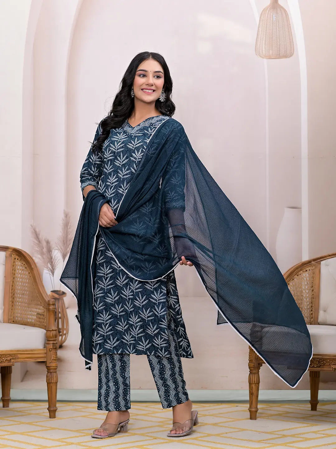 Yufta Teal Blue Embroidered Pure Cotton Straight Kurta Dupatta Set - Distacart