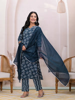 Thumbnail for Yufta Teal Blue Embroidered Pure Cotton Straight Kurta Dupatta Set