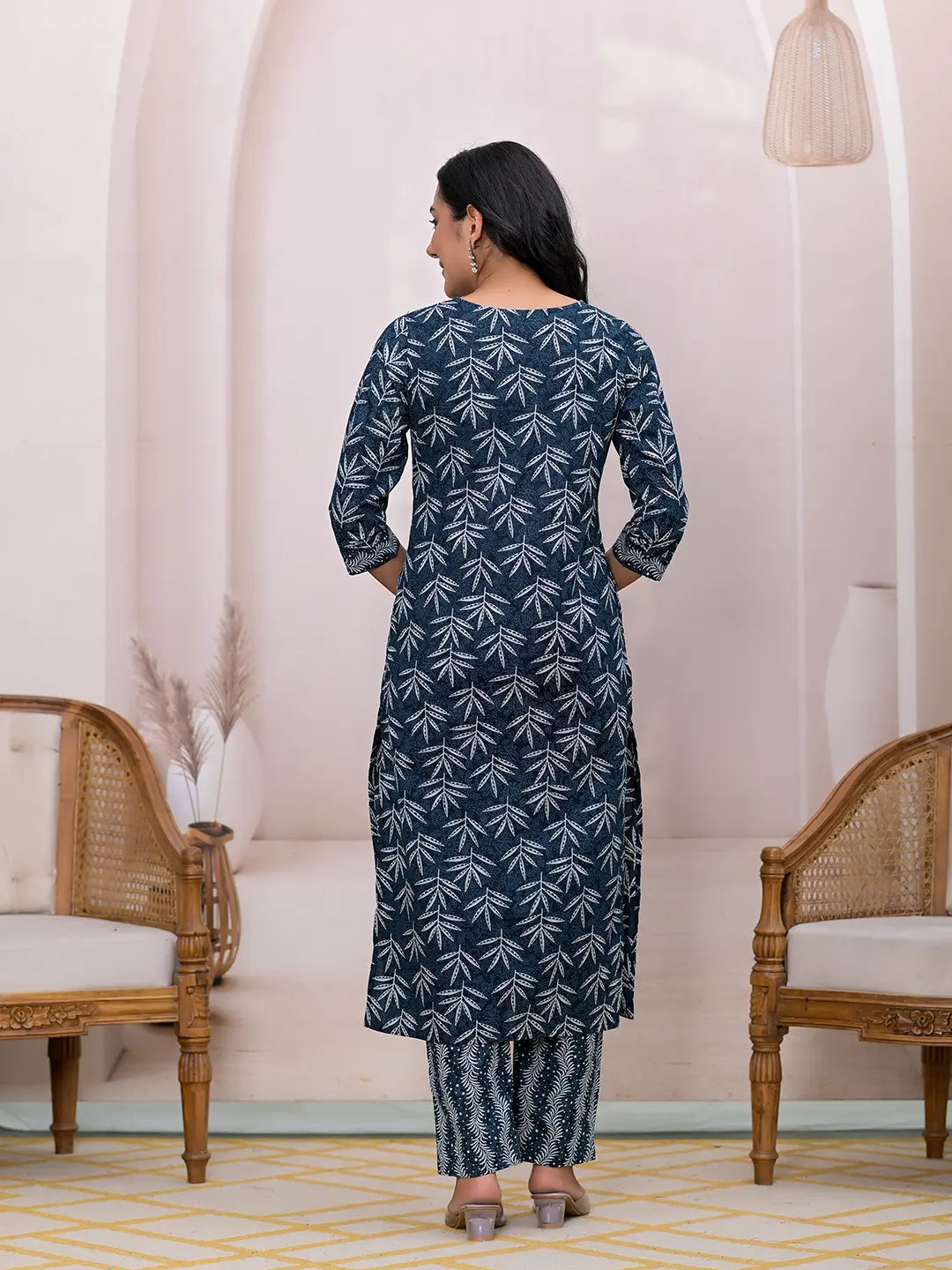 Yufta Teal Blue Embroidered Pure Cotton Straight Kurta Dupatta Set