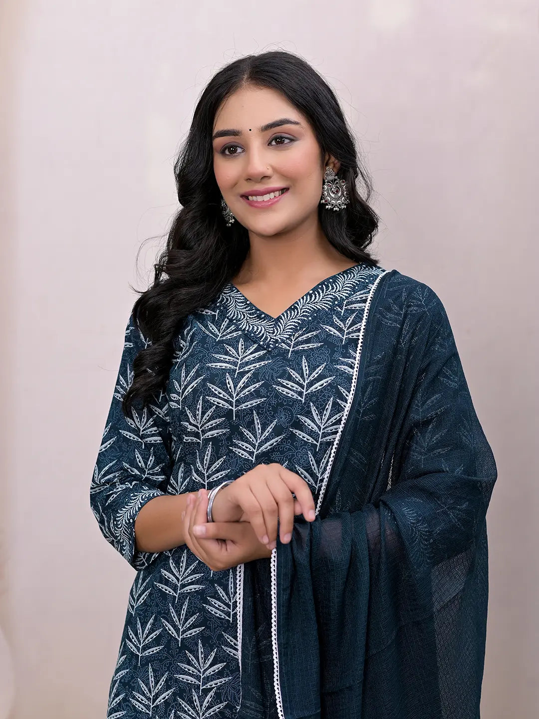 Yufta Teal Blue Embroidered Pure Cotton Straight Kurta Dupatta Set