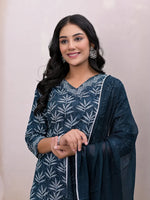 Thumbnail for Yufta Teal Blue Embroidered Pure Cotton Straight Kurta Dupatta Set