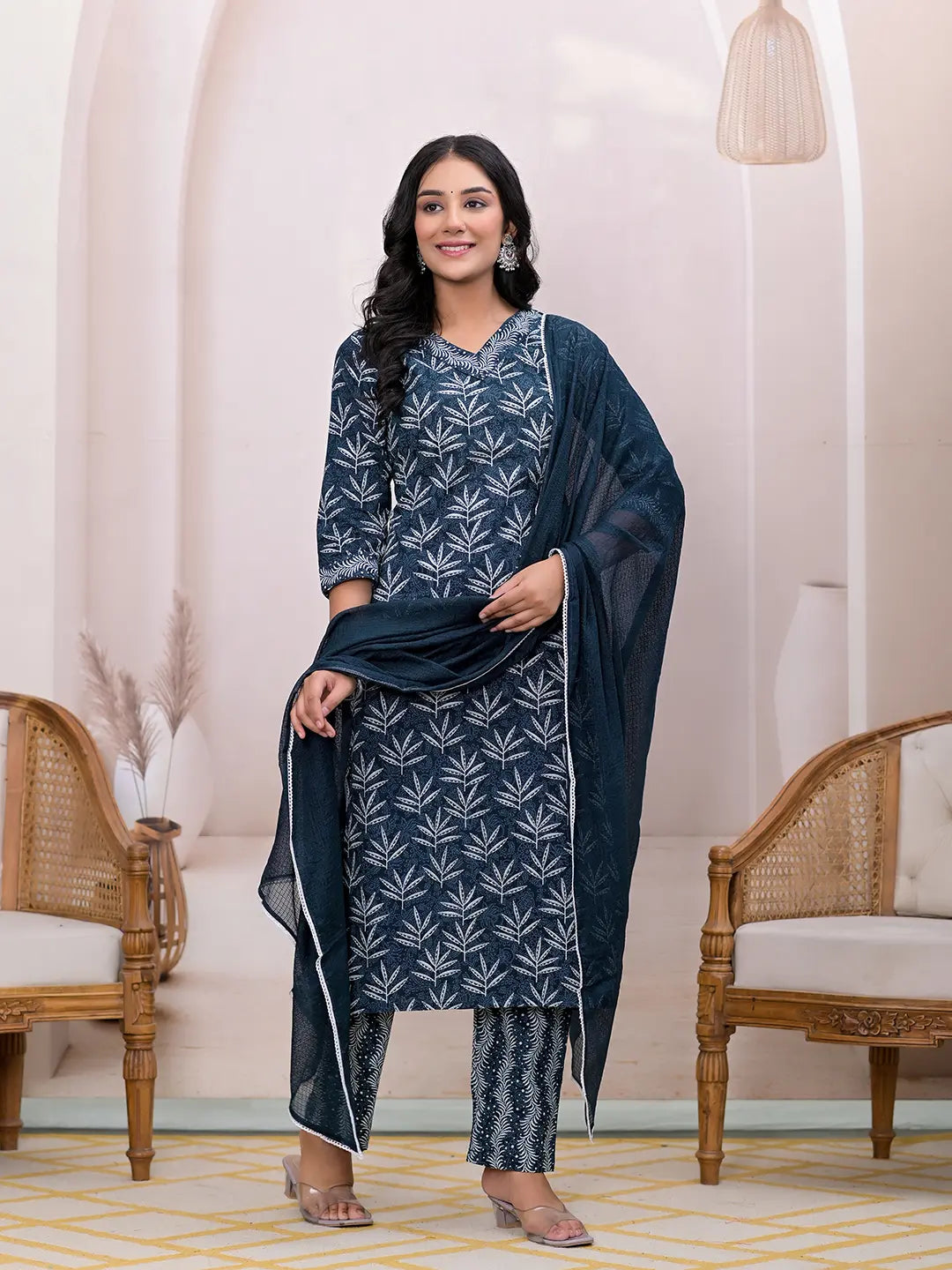 Yufta Teal Blue Embroidered Pure Cotton Straight Kurta Dupatta Set