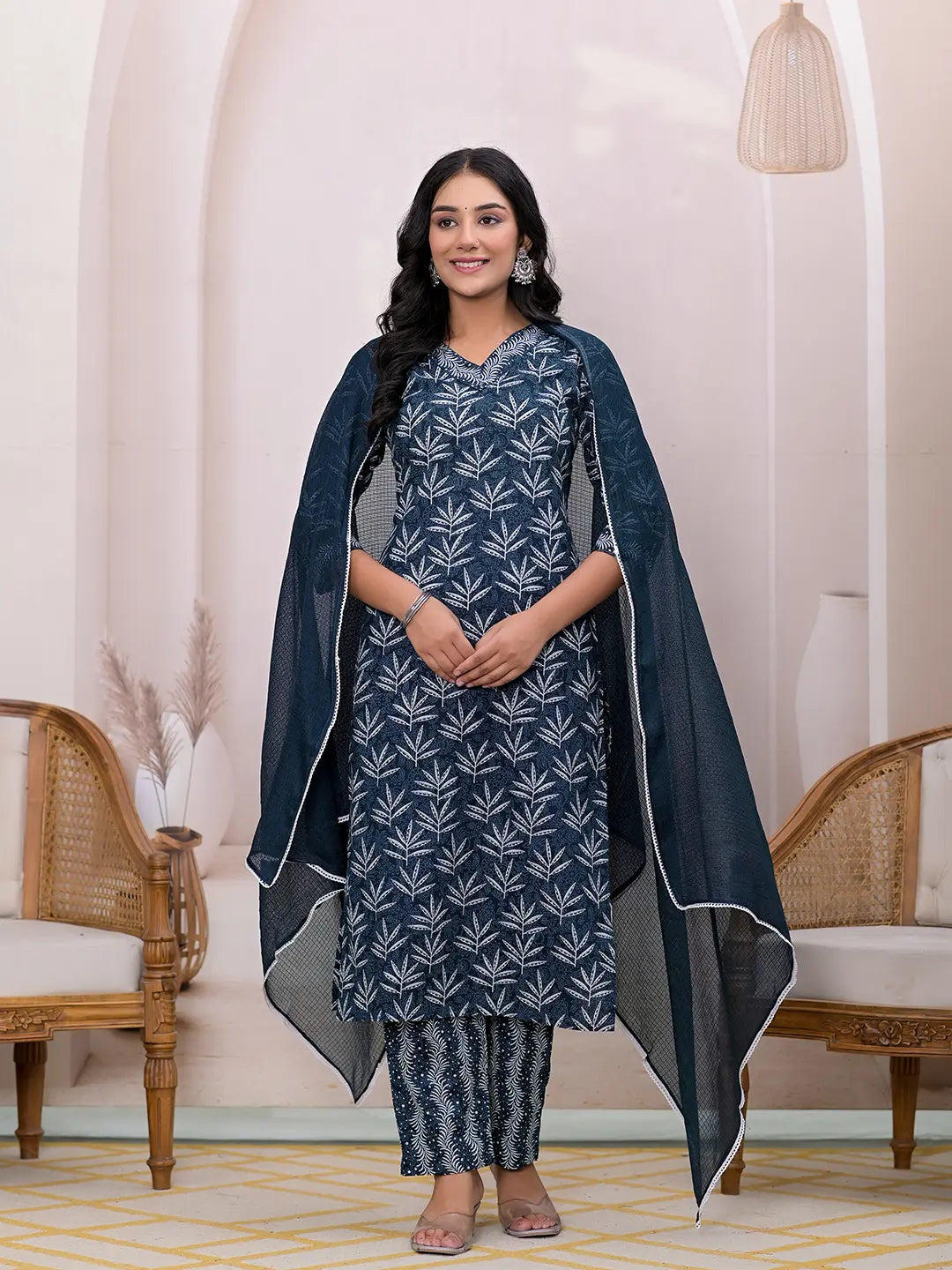 Yufta Teal Blue Embroidered Pure Cotton Straight Kurta Dupatta Set