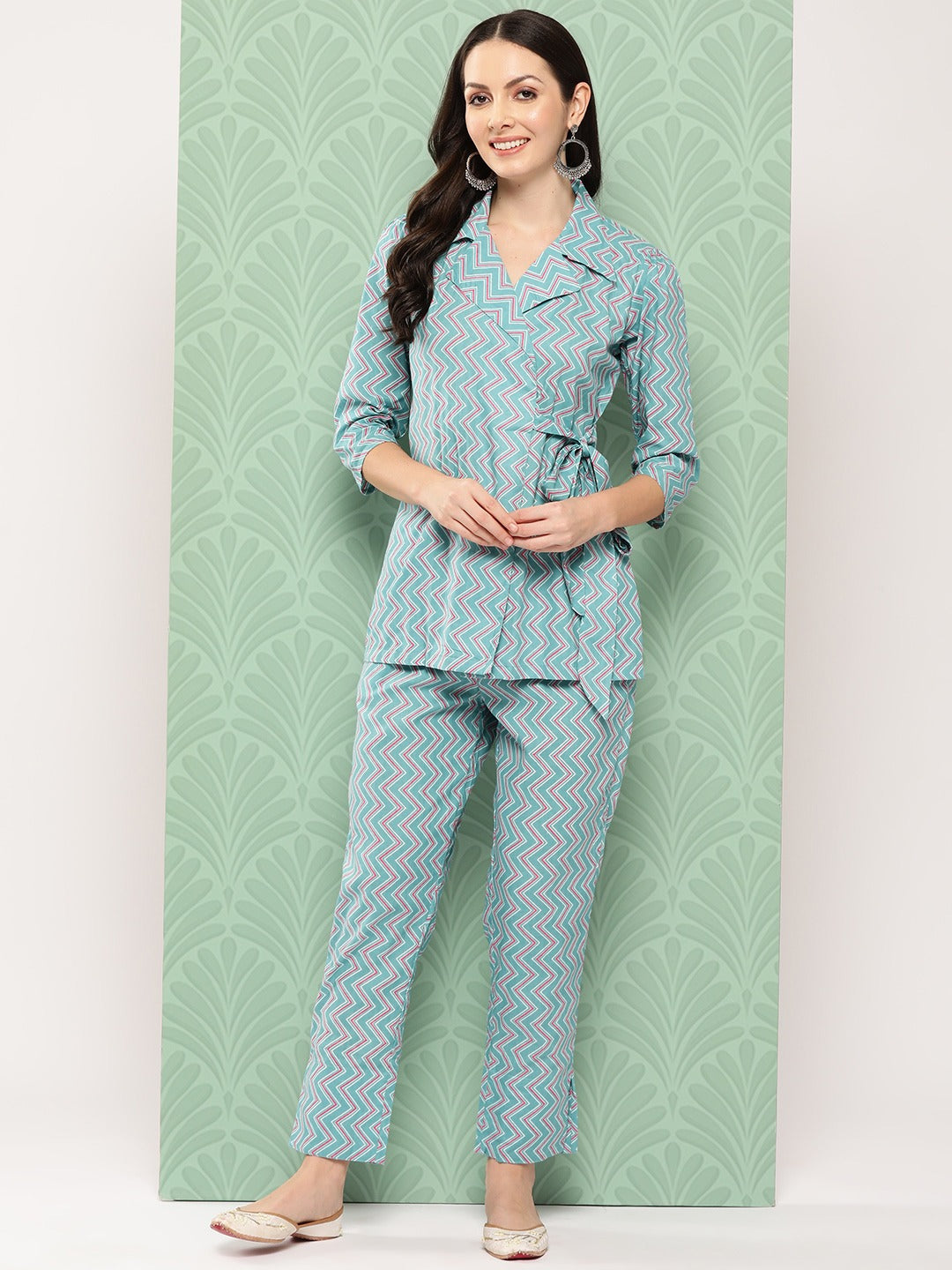 Yufta Teal Blue Printed Pure Cotton Top with Trousers - Distacart