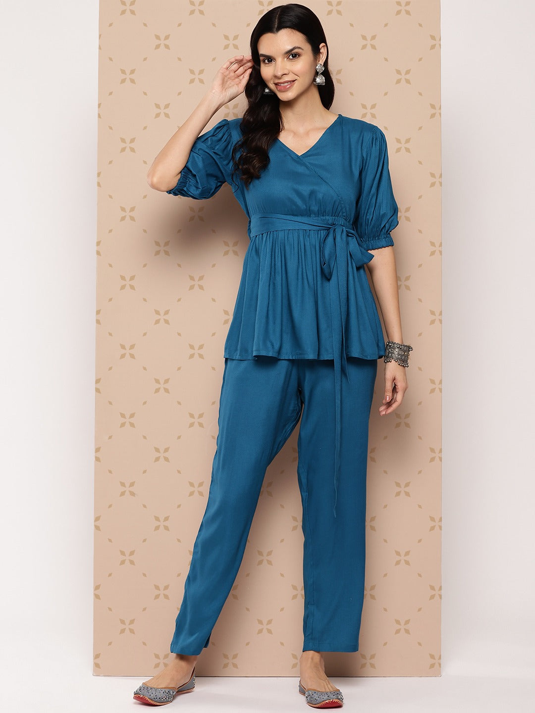 Yufta Teal Blue Solid Pure Cotton Top with Trousers Co-Ords - Distacart