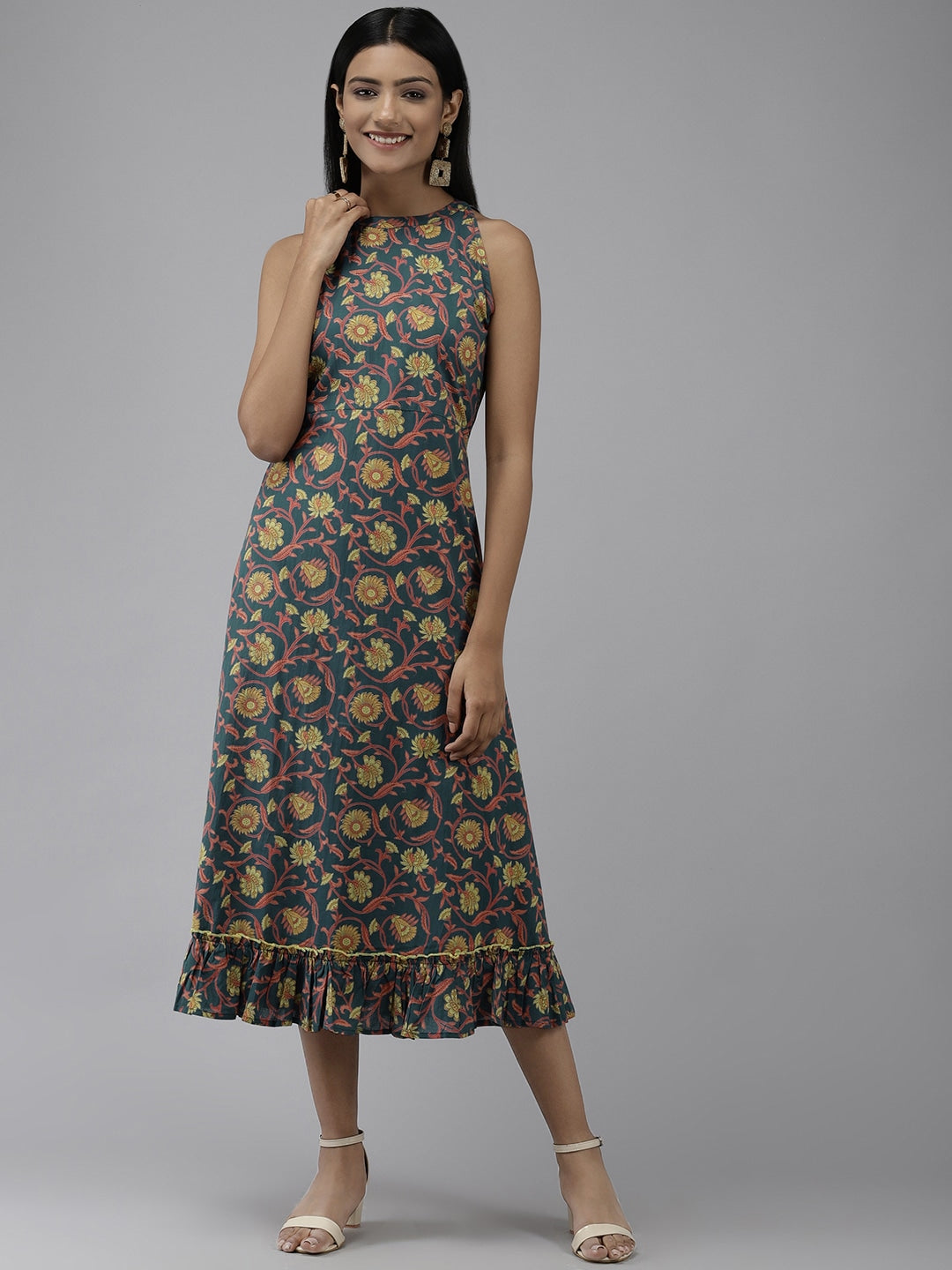 Yufta Teal Floral Dress - Distacart