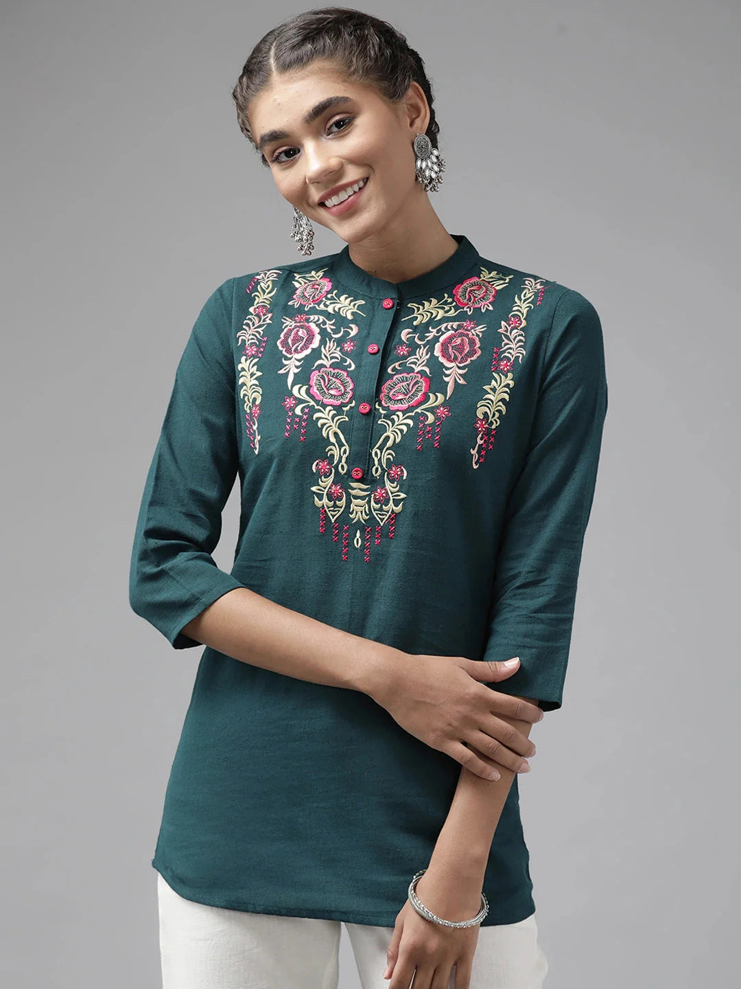 Yufta Teal Floral Embroidered Top