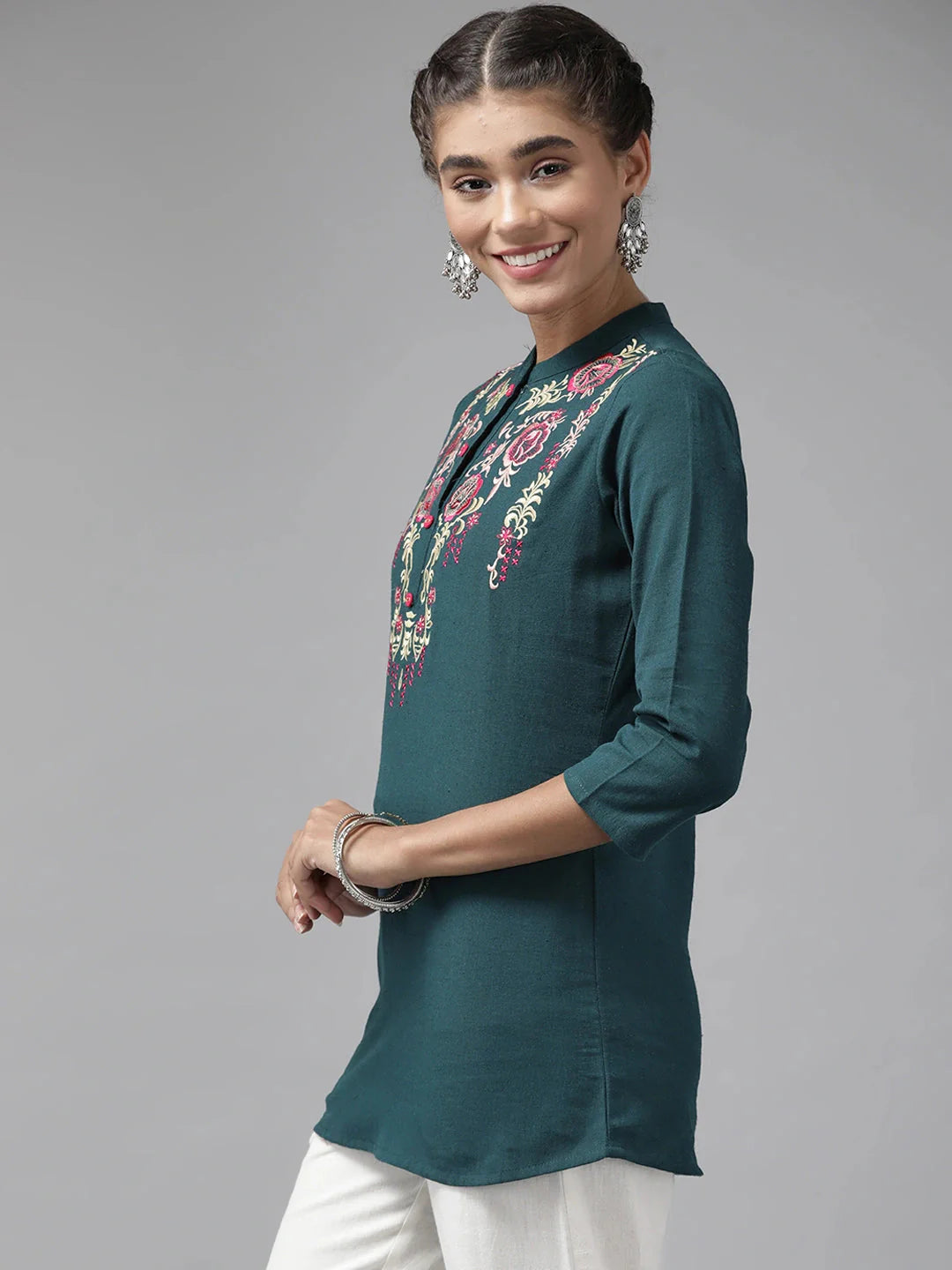 Yufta Teal Floral Embroidered Top
