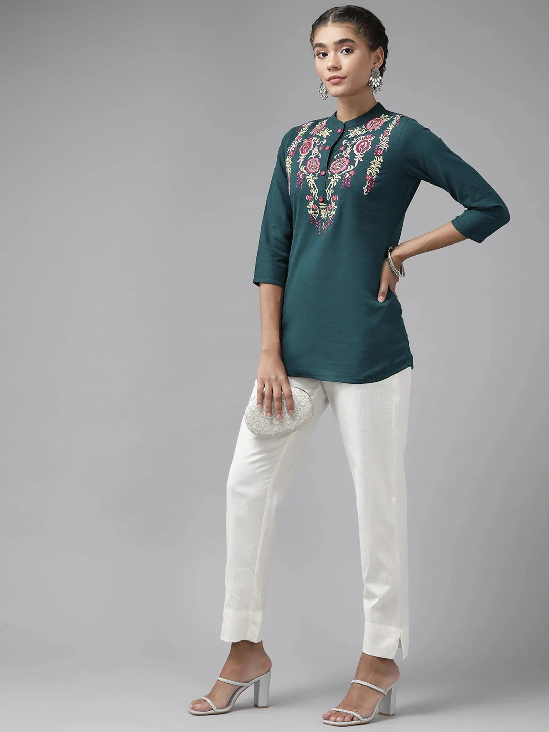 Yufta Teal Floral Embroidered Top - Distacart