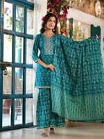 Thumbnail for Yufta Teal Floral,Sequins_Work Kurta Sharara with Dupatta Set - Distacart