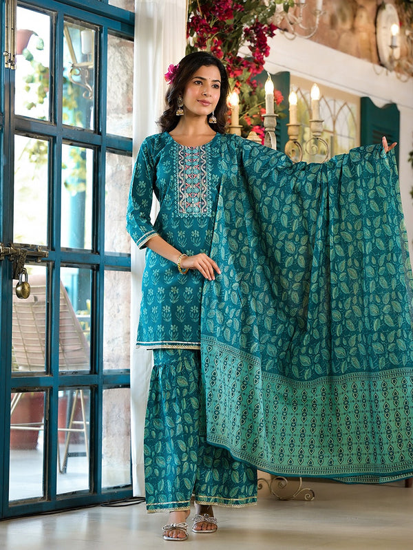 Yufta Teal Floral,Sequins_Work Kurta Sharara with Dupatta Set - Distacart