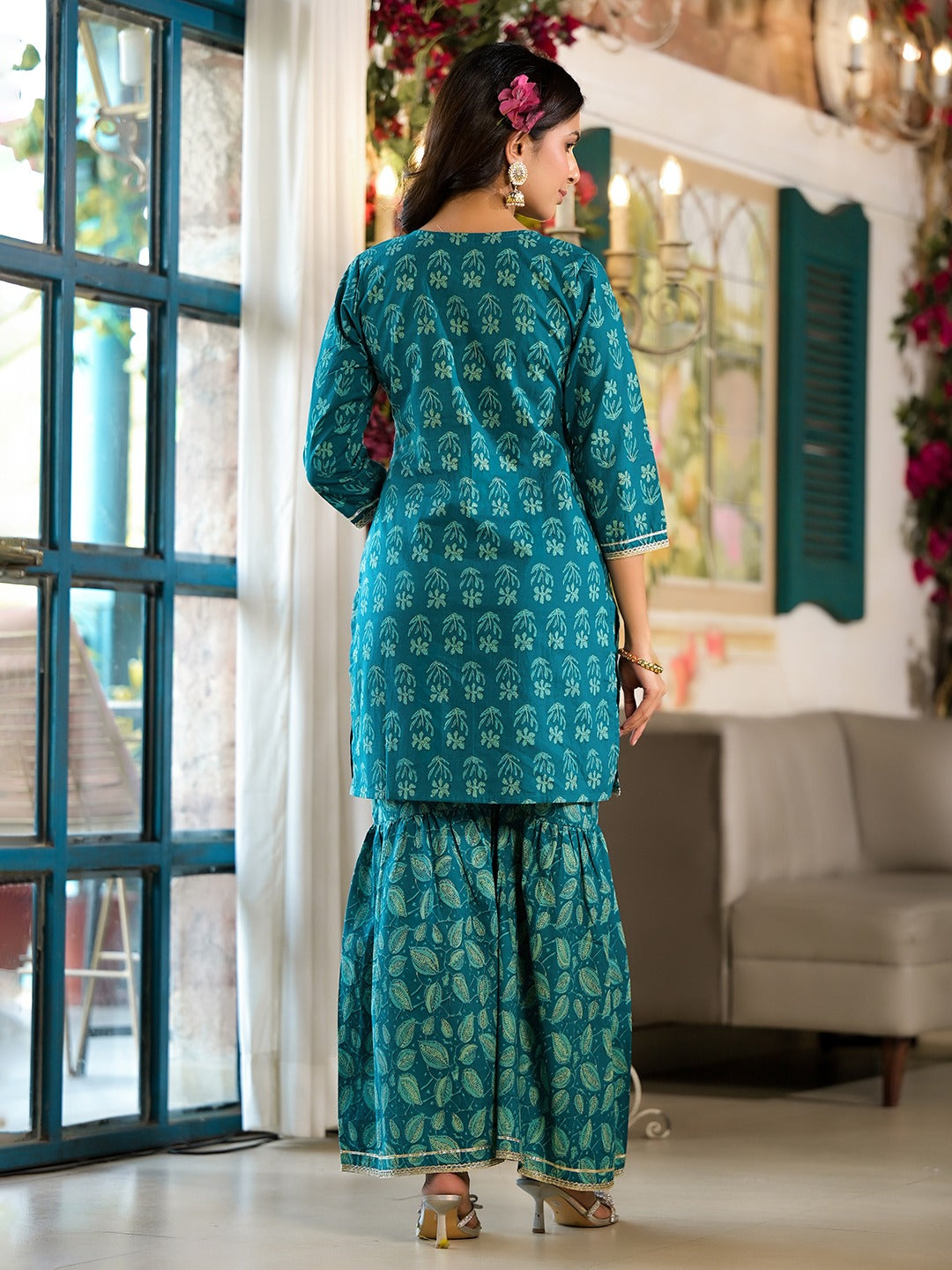 Yufta Teal Floral,Sequins_Work Kurta Sharara with Dupatta Set - Distacart