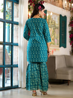 Thumbnail for Yufta Teal Floral,Sequins_Work Kurta Sharara with Dupatta Set - Distacart