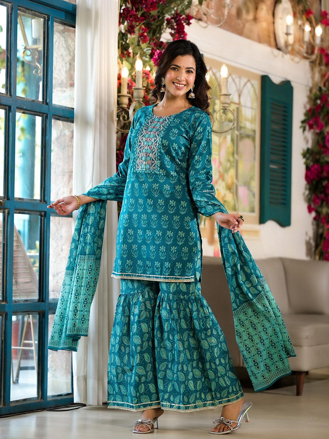 Yufta Teal Floral,Sequins_Work Kurta Sharara with Dupatta Set - Distacart