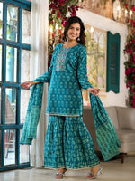 Thumbnail for Yufta Teal Floral,Sequins_Work Kurta Sharara with Dupatta Set - Distacart