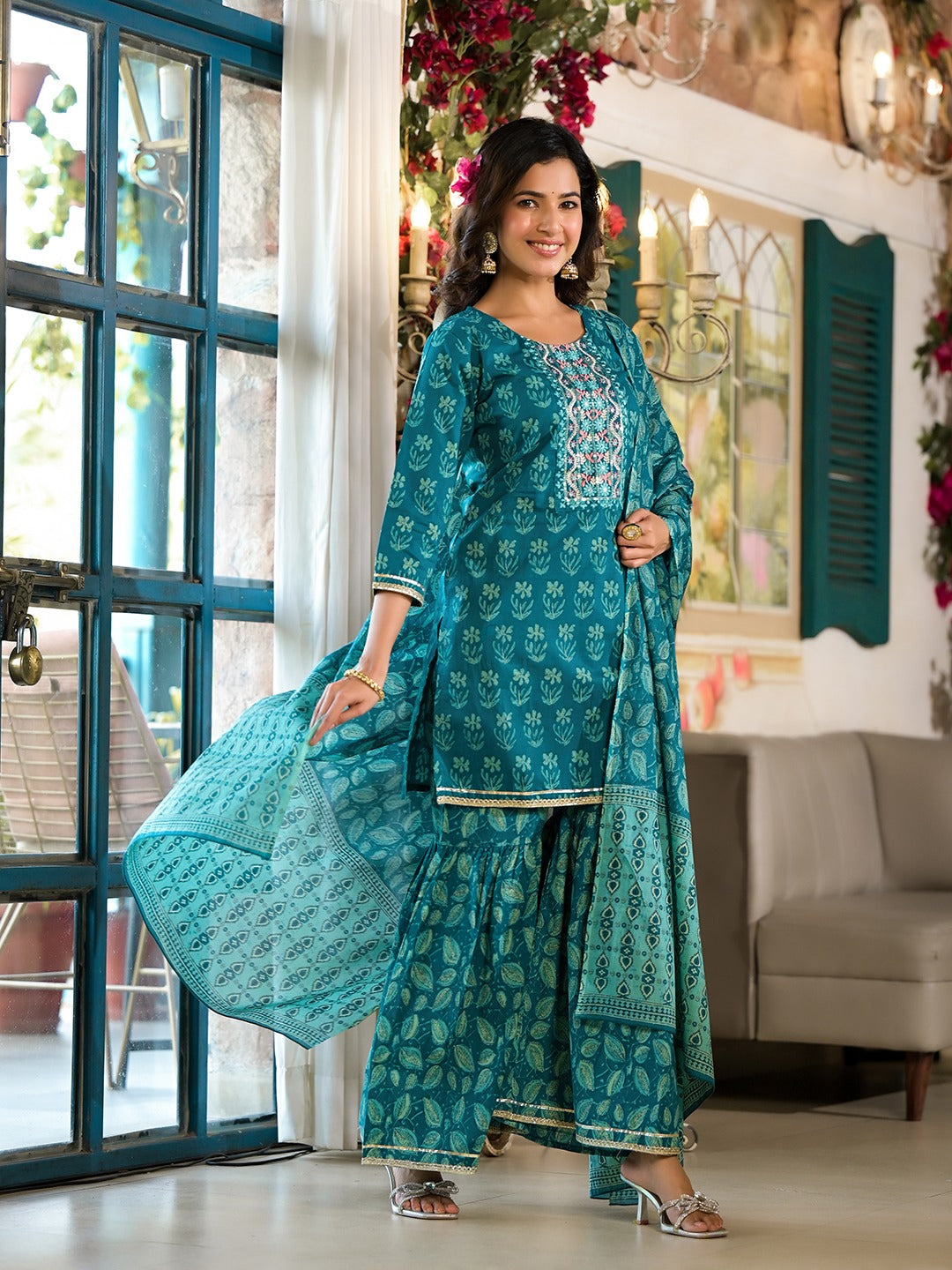 Yufta Teal Floral,Sequins_Work Kurta Sharara with Dupatta Set - Distacart