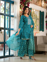 Thumbnail for Yufta Teal Floral,Sequins_Work Kurta Sharara with Dupatta Set - Distacart