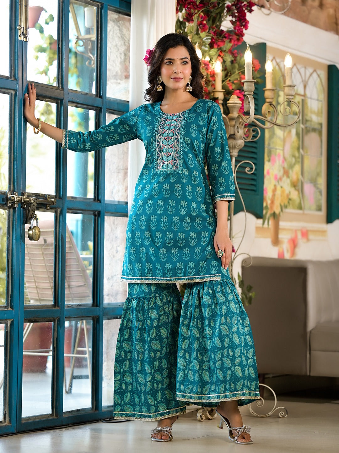 Yufta Teal Floral,Sequins_Work Kurta Sharara with Dupatta Set - Distacart