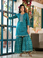 Thumbnail for Yufta Teal Floral,Sequins_Work Kurta Sharara with Dupatta Set - Distacart