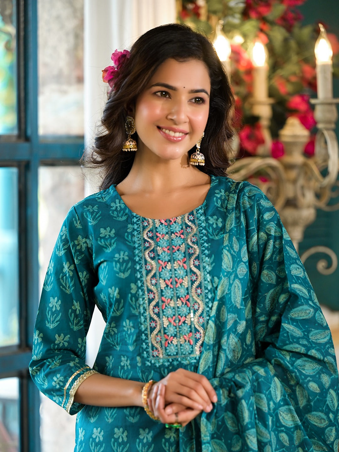 Yufta Teal Floral,Sequins_Work Kurta Sharara with Dupatta Set - Distacart