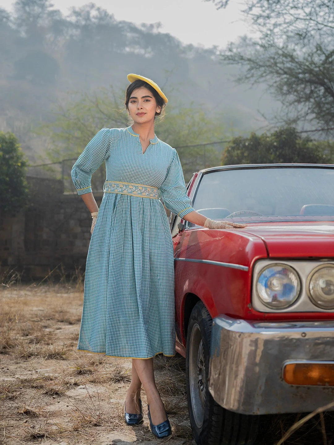 Yufta Teal Green Cotton Check Comes With A Belt Dress - Distacart