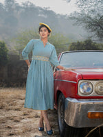 Thumbnail for Yufta Teal Green Cotton Check Comes With A Belt Dress - Distacart