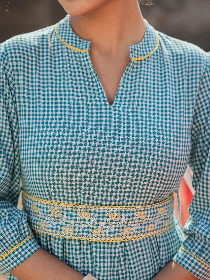 Yufta Teal Green Cotton Check Comes With A Belt Dress - Distacart