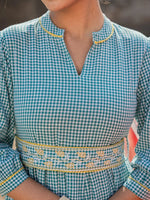 Thumbnail for Yufta Teal Green Cotton Check Comes With A Belt Dress - Distacart