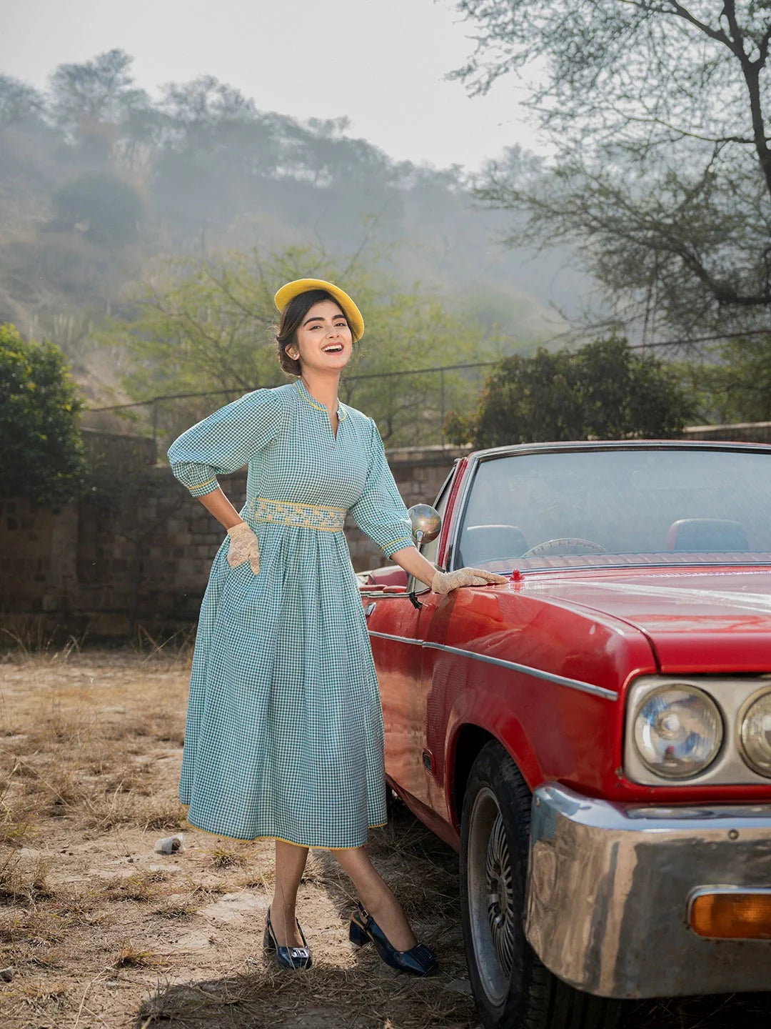 Yufta Teal Green Cotton Check Comes With A Belt Dress - Distacart