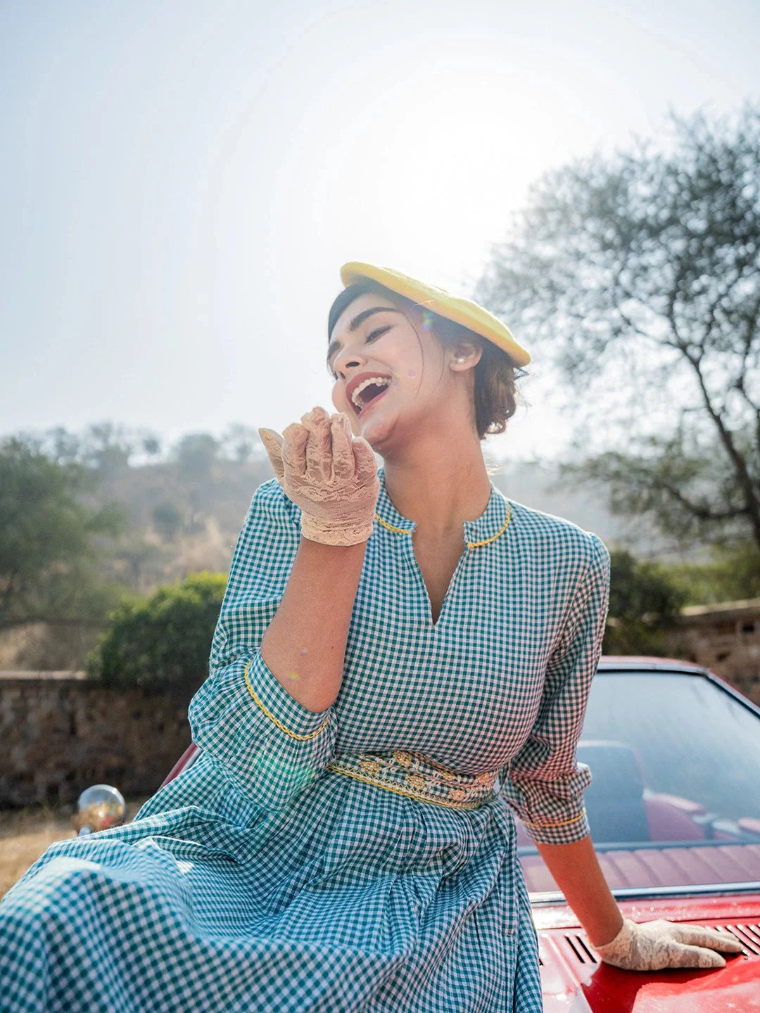 Yufta Teal Green Cotton Check Comes With A Belt Dress - Distacart