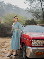 Thumbnail for Yufta Teal Green Cotton Check Comes With A Belt Dress - Distacart