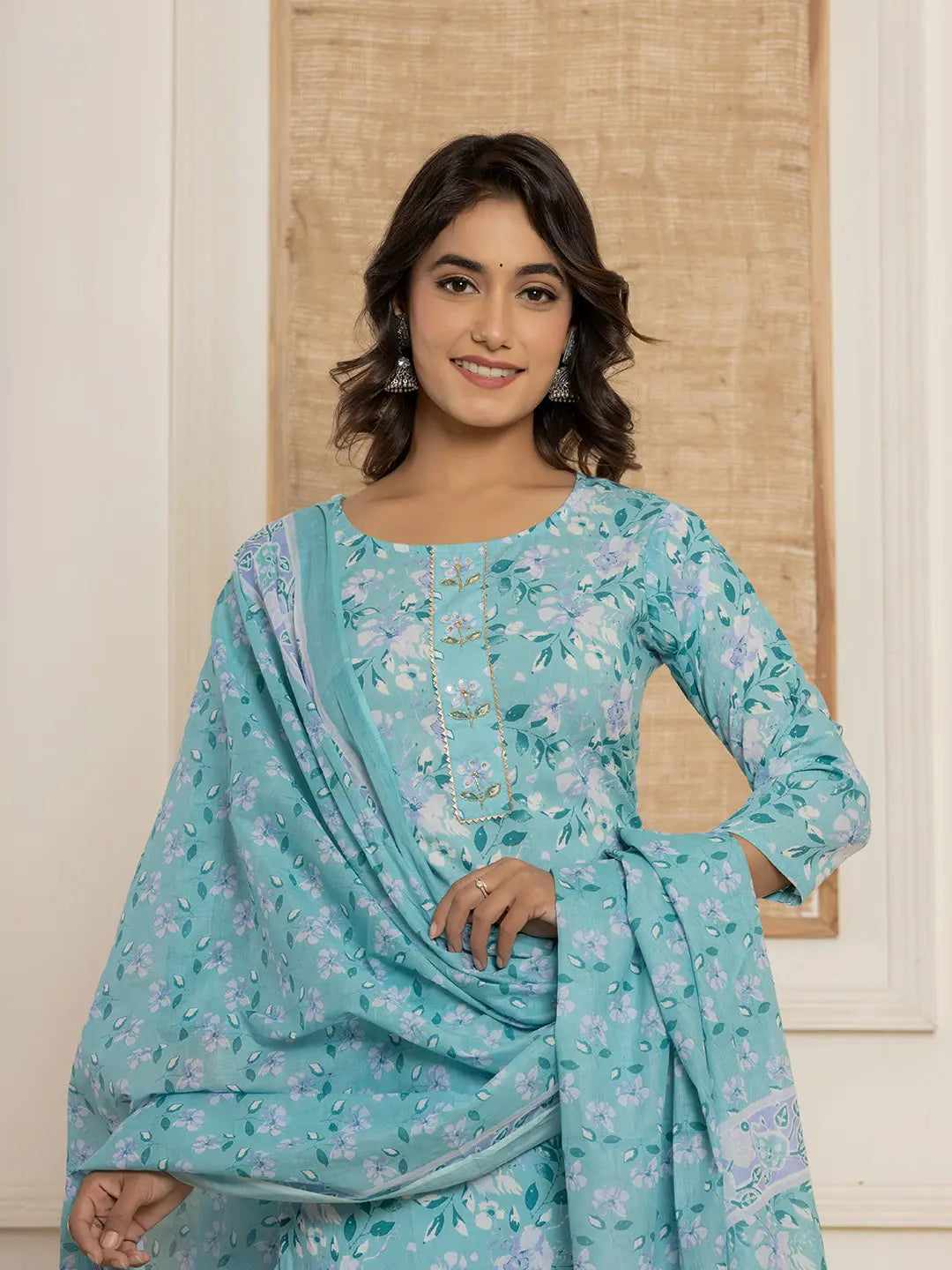 Yufta Teal Green Floral Print Cotton Straight Style Kurta And Trousers With Dupatta Set - Distacart