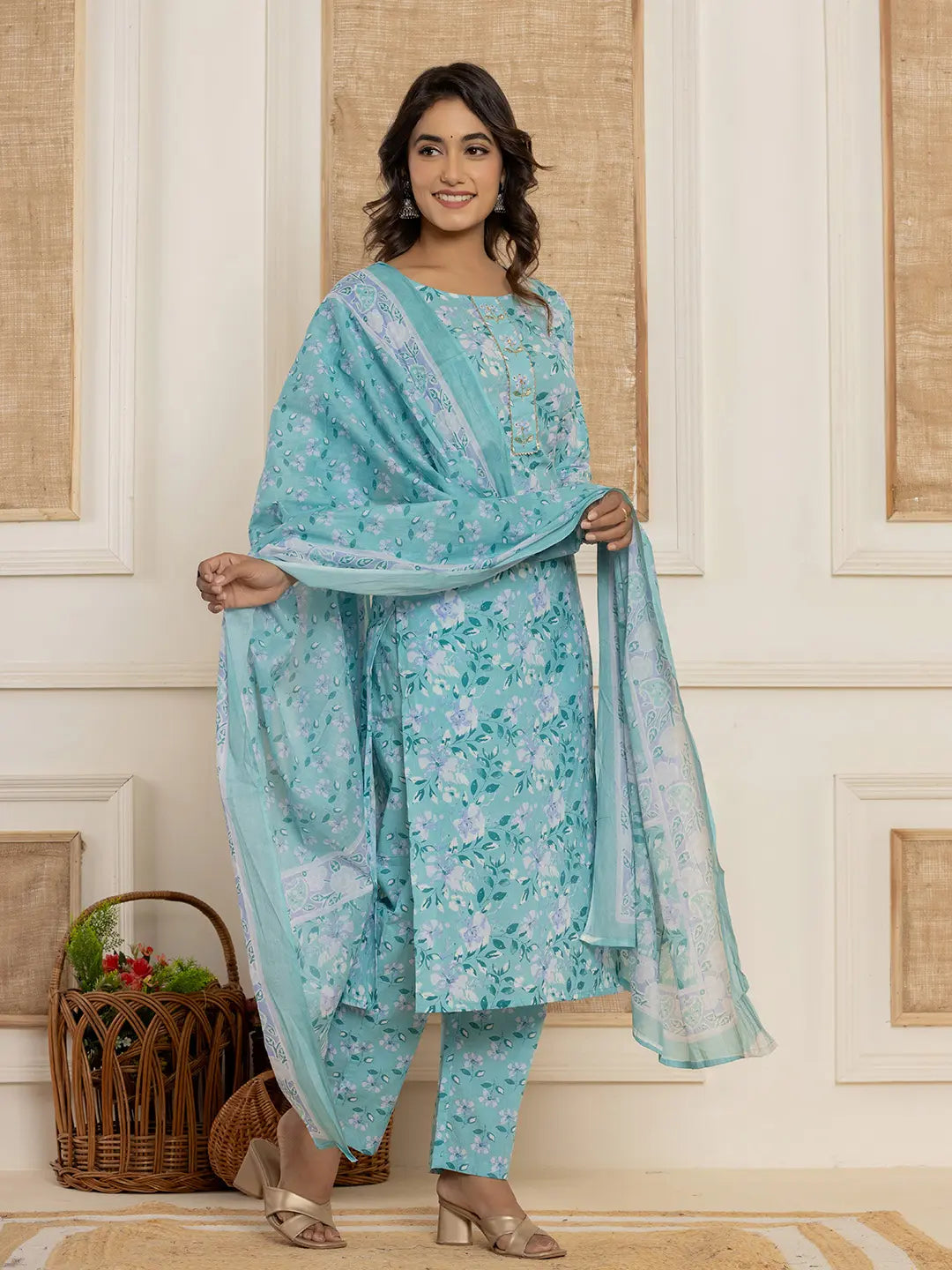 Yufta Teal Green Floral Print Cotton Straight Style Kurta And Trousers With Dupatta Set - Distacart