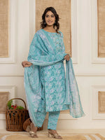 Thumbnail for Yufta Teal Green Floral Print Cotton Straight Style Kurta And Trousers With Dupatta Set - Distacart