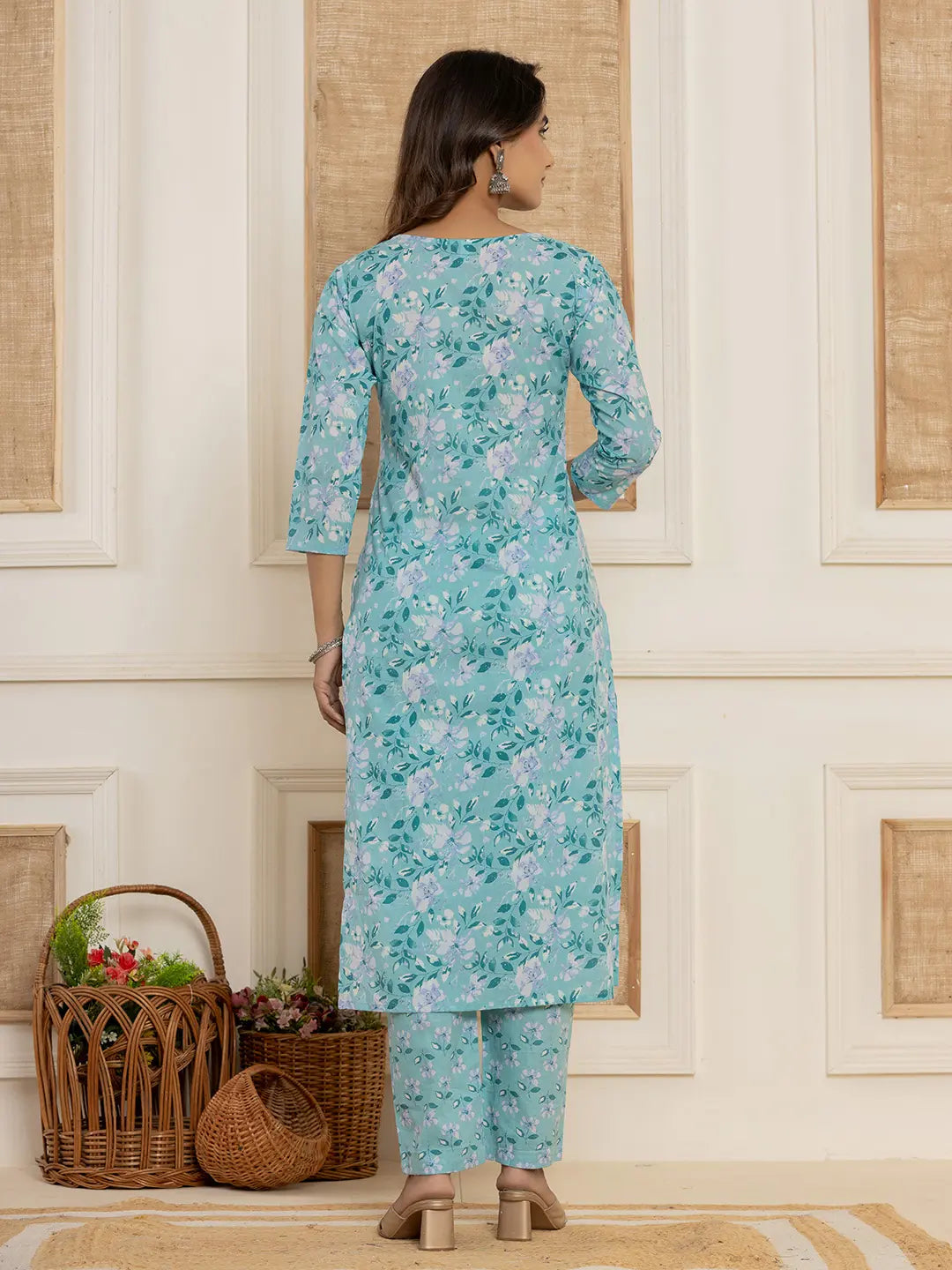 Yufta Teal Green Floral Print Cotton Straight Style Kurta And Trousers With Dupatta Set - Distacart