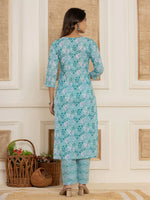 Thumbnail for Yufta Teal Green Floral Print Cotton Straight Style Kurta And Trousers With Dupatta Set - Distacart
