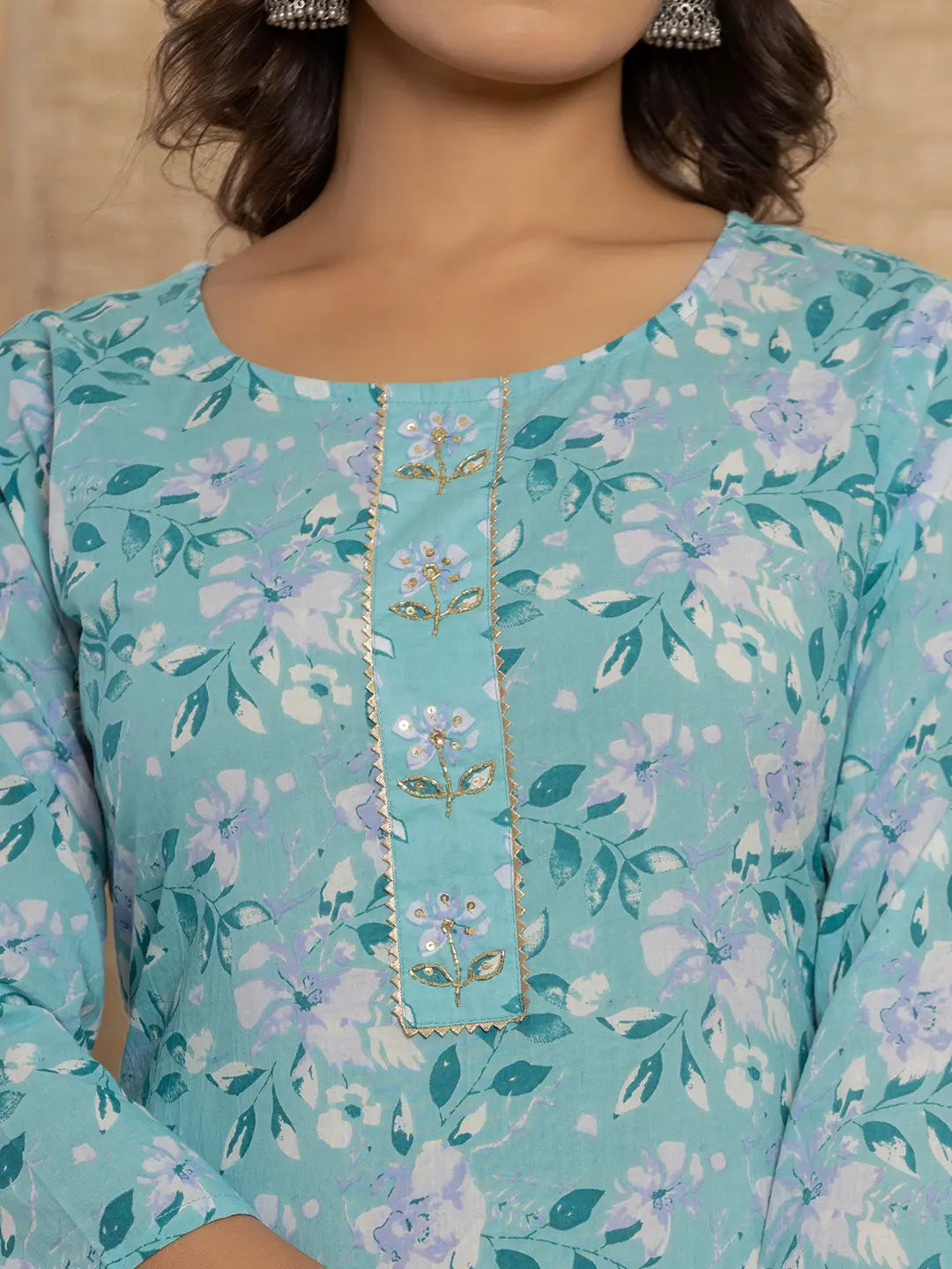 Yufta Teal Green Floral Print Cotton Straight Style Kurta And Trousers With Dupatta Set - Distacart