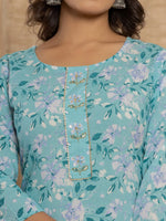 Thumbnail for Yufta Teal Green Floral Print Cotton Straight Style Kurta And Trousers With Dupatta Set - Distacart