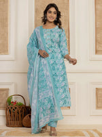 Thumbnail for Yufta Teal Green Floral Print Cotton Straight Style Kurta And Trousers With Dupatta Set - Distacart