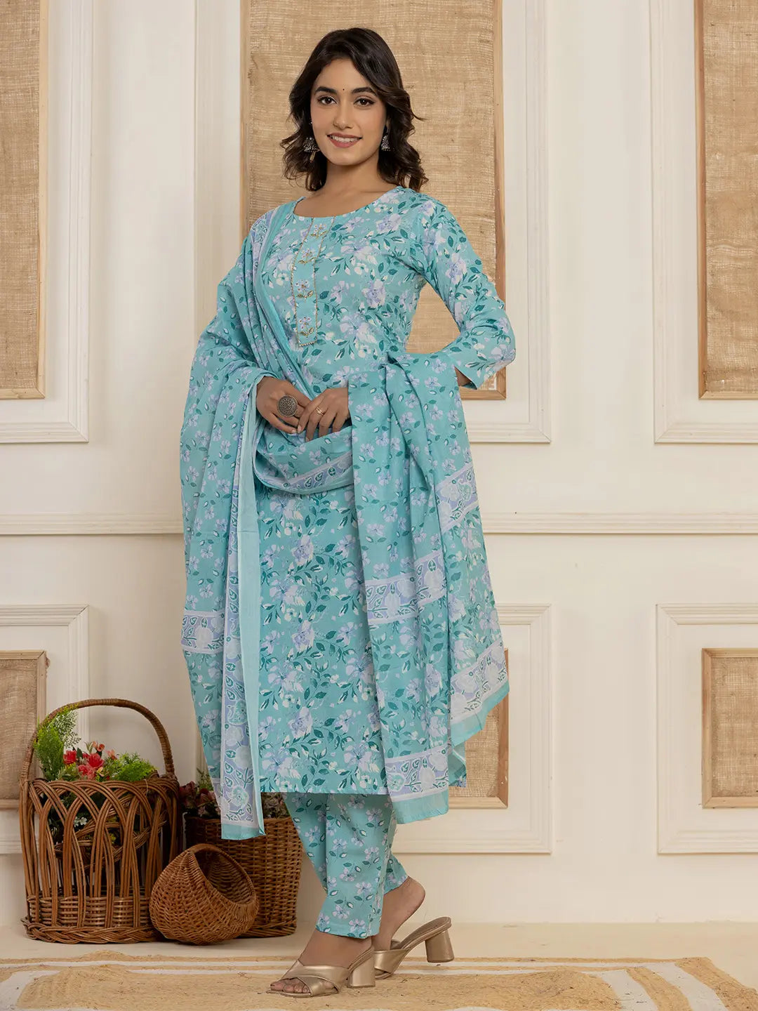 Yufta Teal Green Floral Print Cotton Straight Style Kurta And Trousers With Dupatta Set - Distacart