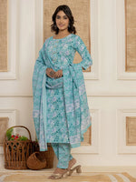 Thumbnail for Yufta Teal Green Floral Print Cotton Straight Style Kurta And Trousers With Dupatta Set - Distacart