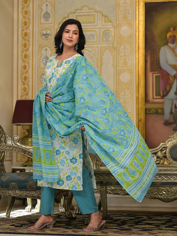Yufta Teal Green Floral Print Straight Button Show On Yoke Kurta Trouser And Dupatta Set