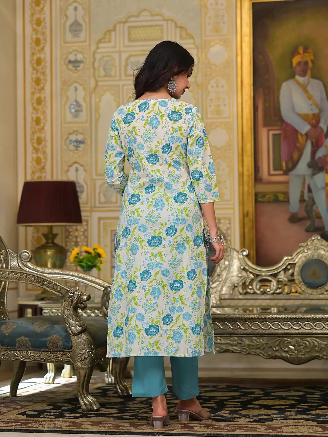 Yufta Teal Green Floral Print Straight Button Show On Yoke Kurta Trouser And Dupatta Set