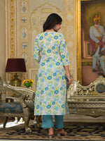 Thumbnail for Yufta Teal Green Floral Print Straight Button Show On Yoke Kurta Trouser And Dupatta Set