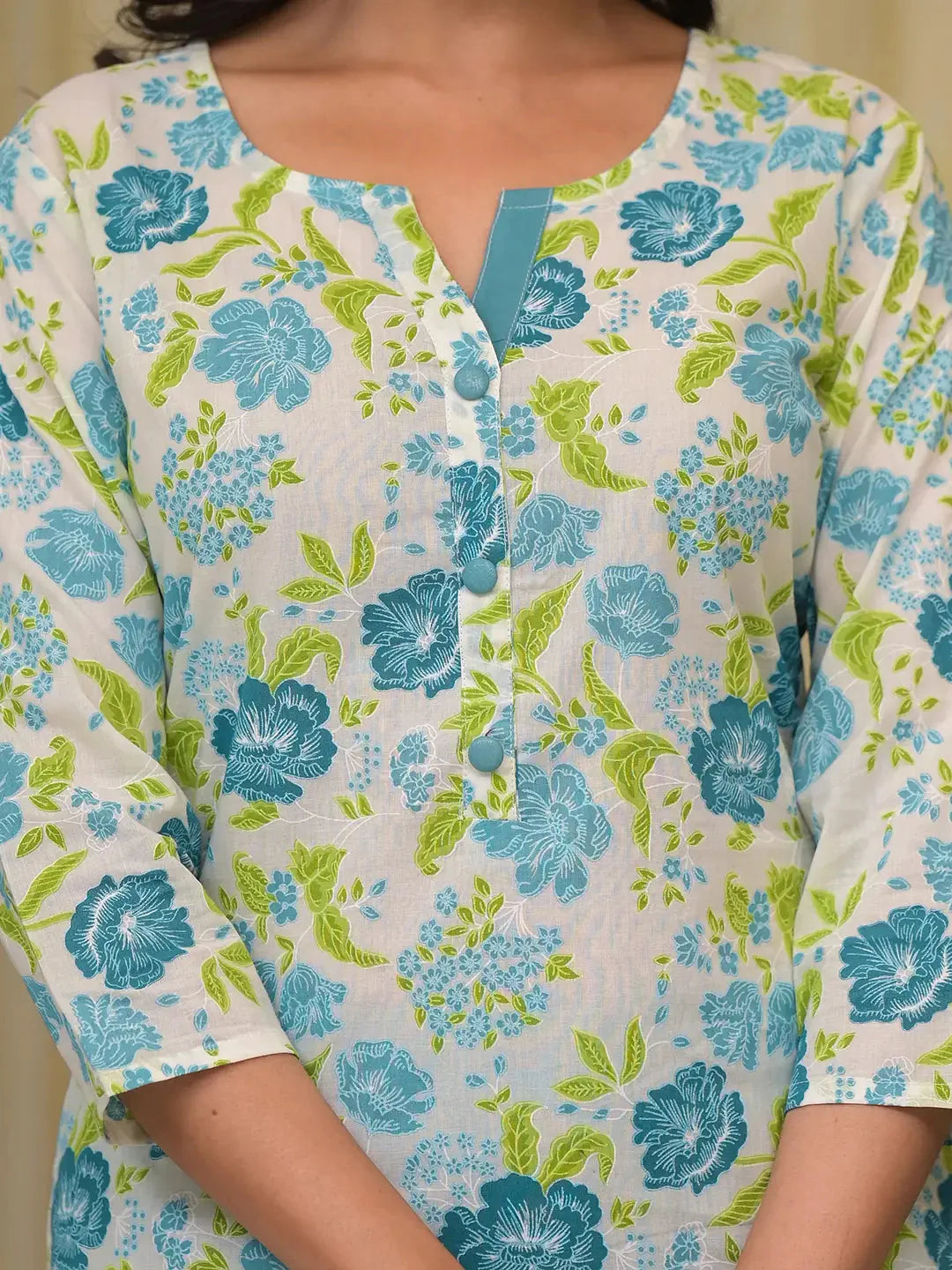 Yufta Teal Green Floral Print Straight Button Show On Yoke Kurta Trouser And Dupatta Set